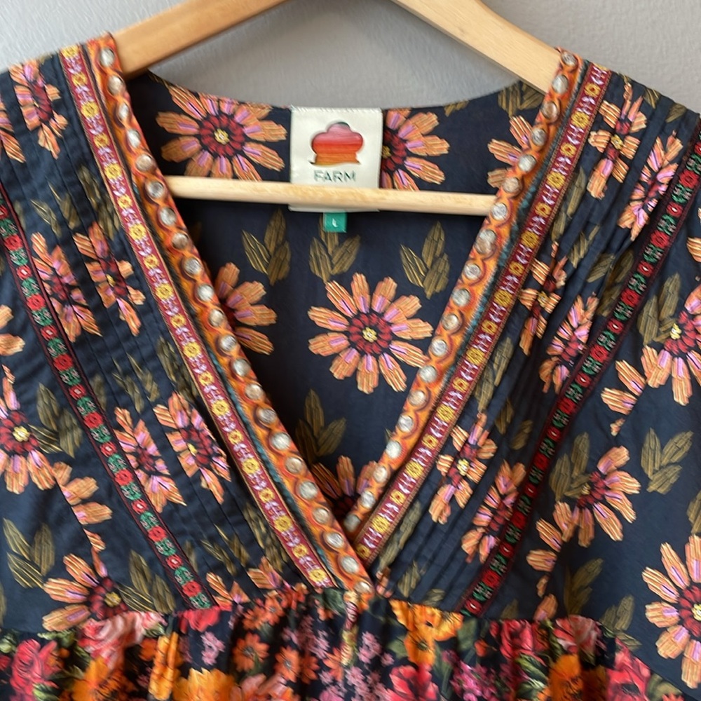 FARM Rio Floral V-Neck Peasant Blouse in Navy, Pink, Orange, Yellow - Picture 3 of 7